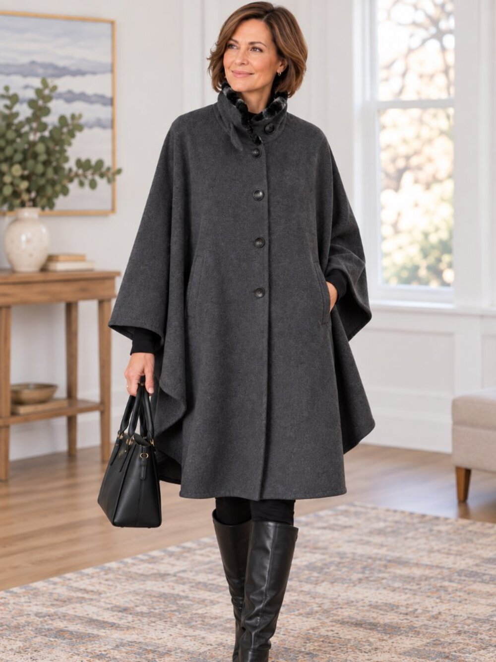 Irish Jimmy Hourihan Wool Cashmere Blend Knee Length Cape Gray Faux Fur NWT New